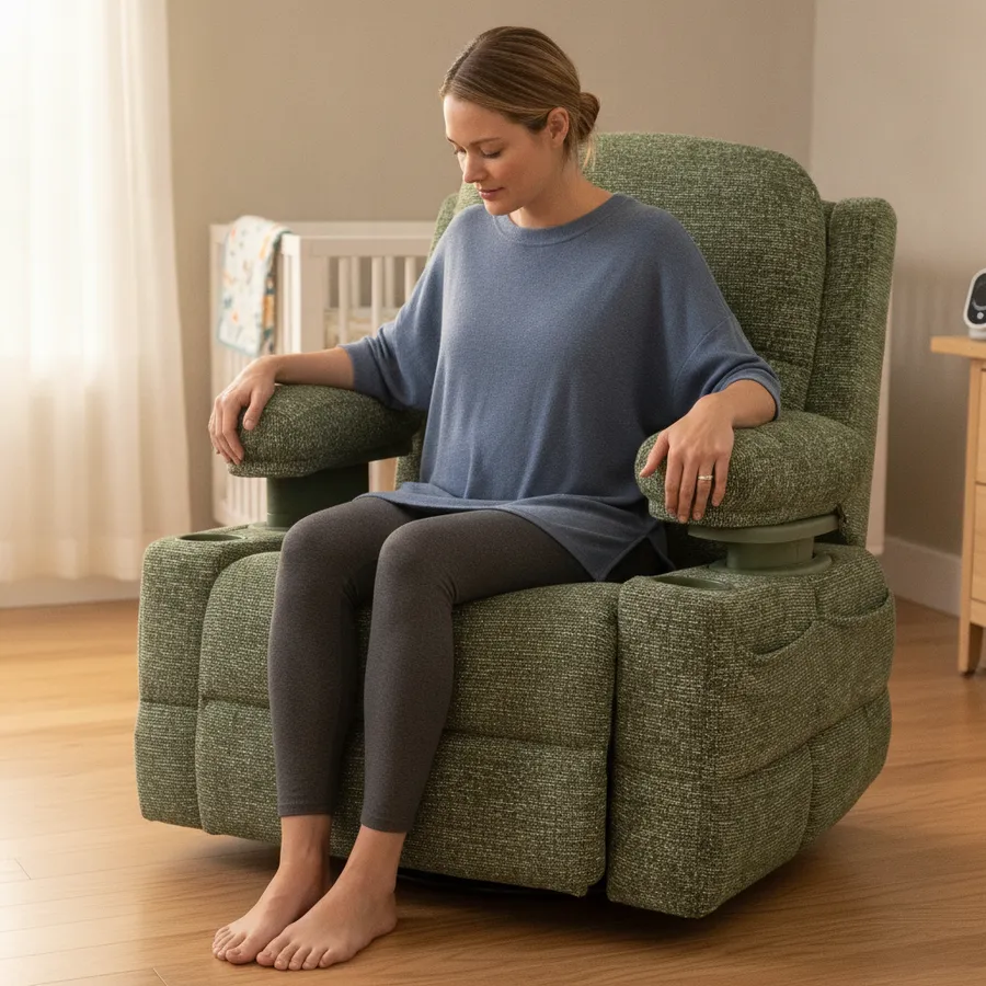 AI-generated representative image of a postpartum woman carefully bracing on both armrests to stand up from a chair, with a crib nearby